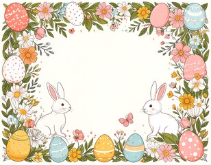 Easter Bunny Frame with Flowers and Eggs.