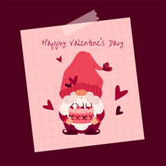 Cute gnome with pink hat. Valentine's Day. Greeting card. Romantic holiday. February 14. Love, heart, and sweet cake. Cartoon character. Vector illustration.