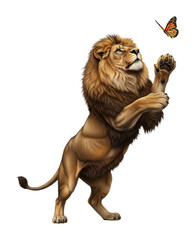 Obraz premium Lion reaching for butterfly in nature animal vibrant scene isolated on transparent background