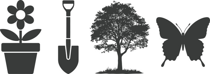 A collection of gardening elements including a flower a shovel a tree and a butterfly on transparent background high-quality professional © Masud