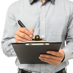 A professional individual writing on a black clipboard with a pen, documenting information