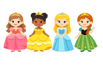 Four cartoon princesses in glowing dresses