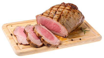 Grilled steak on wooden cutting board sliced and ready to serve