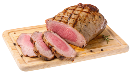 Grilled steak on wooden cutting board sliced and ready to serve
