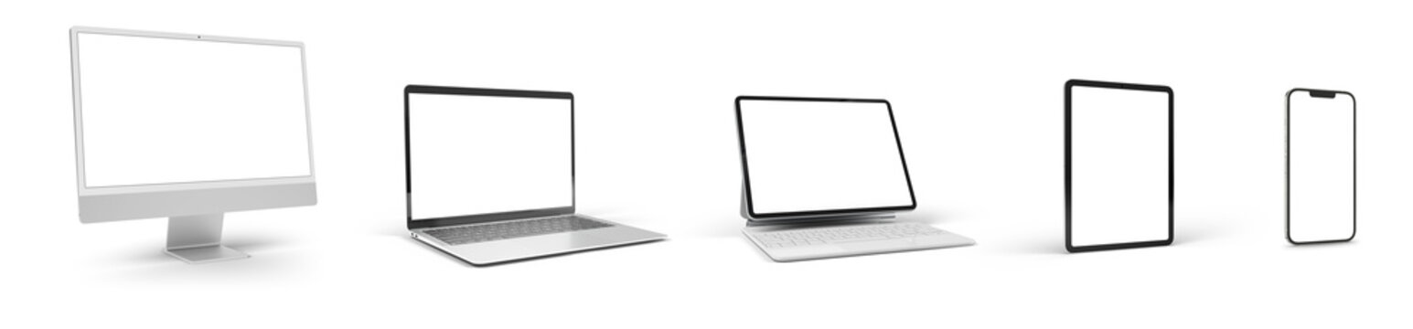 Modern devices screens pack isolated on transparent background. Smartphone, tablet, laptop and computer mockup. Front view. 3d rendering