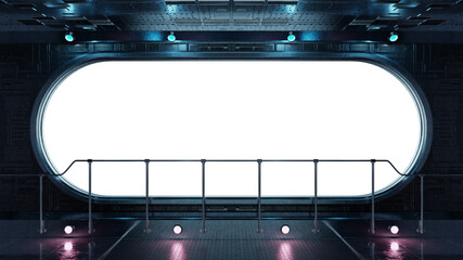 Black spaceship interior with isolated cut out transparent round window. Futuristic starship with glowing lights. 3D rendering