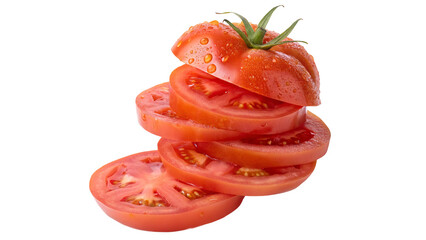Freshly sliced tomatoes stacked with water droplets on black