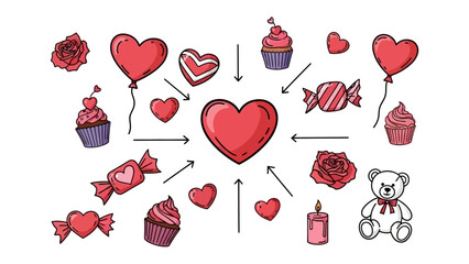 Valentine's Day Icon Cluster: An illustrated collection of Valentine's Day icons centered around a large heart, symbolizing love, romance, and the spirit of the holiday.