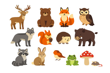 Fototapeta premium Cute forest animals and nature elements on a glowing background