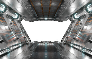 Metallic spaceship interior with isolated cut out transparent window. Glossy starship corridor with glowing lights. 3D rendering