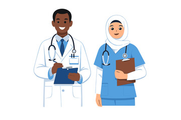 Diverse medical professionals in scrubs and lab coat