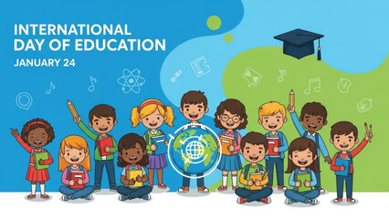 Diverse group of happy children celebrating international day of education with books and globe
