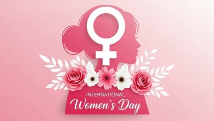 Happy women's day celebration with flowers and female symbol on pink background