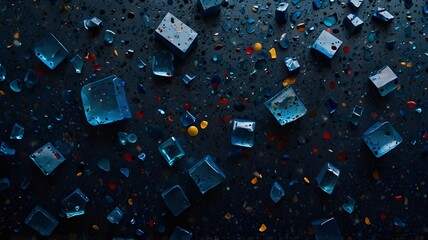 Blue colored recycled plastic with colorful fragments