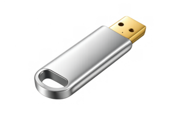 Usb flash drive offering portable data storage. Silver and gold metal design for digital information backup and transfer