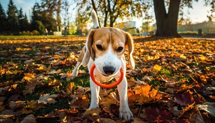 Playful Beagle Dog with Frisbee in Autumn Park Full of Leaves