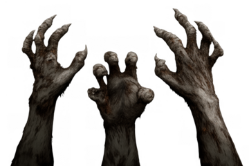 Zombie monster hands reaching with clawed fingers and decaying skin, an undead horror concept with transparent background