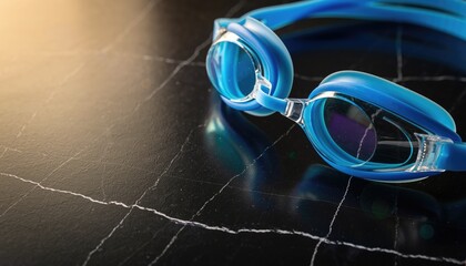 Blue Swimming Goggles on Dark Marble Surface with Soft Lighting