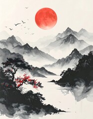 Serene Asian Landscape with Red Sun.