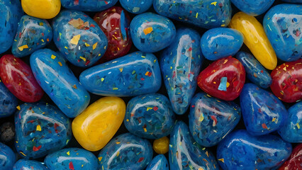 Blue colored recycled plastic with colorful fragments