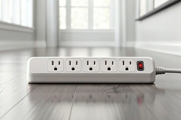 White power strip with multiple outlets and a red switch in the off position on a wooden floor