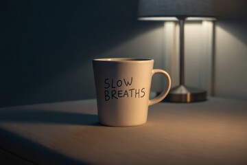 Plain ceramic mug with "SLOW BREATHS" handwritten message illuminated by soft lamp light on a surface