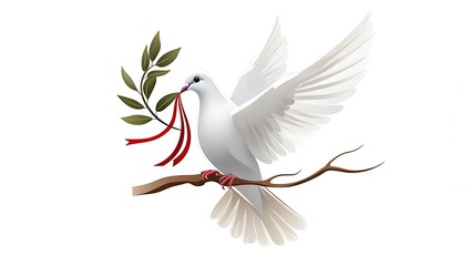 A white dove with outstretched wings perches on a branch, holding an olive branch with red ribbons