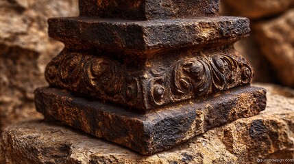 Detail of an ancient stone column with intricate carvings, set against a rocky background.