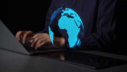 Global network connection visualization showing data exchange, digital link, worldwide communication. Global data flow and digital network infrastructure connecting regions around the world. Thunk
