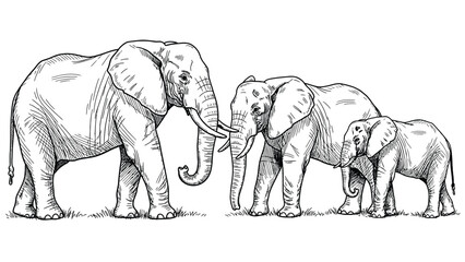 Elephant Family Walking Together in Grass: Large Adults and Baby Calf in Lineart © SHAMIM