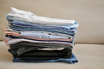 A stack of clean, neatly folded clothes arranged on a light background, representing laundry, wardrobe organization, minimal lifestyle, and household cleanliness