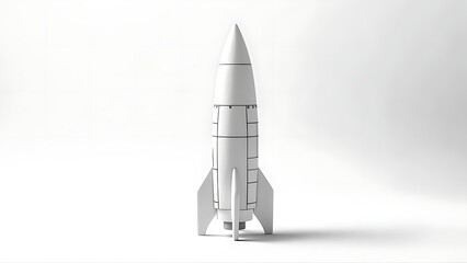 A white toy rocket, standing upright against a white background, casting a soft shadow. Clean lines, simple design