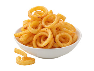 Delicious curly fries in a white bowl on black background