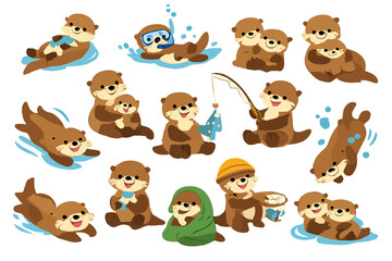 Fototapeta premium Cute Otters in Various Activities