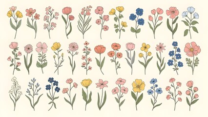 Large Set of Colorful Hand Drawn Wildflower Sketches and Botanical Elements, Spring Floral Collection for Natural Decorative Design