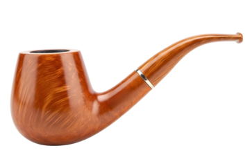 Classic wooden tobacco smoking pipe with bent stem isolated on transparent background