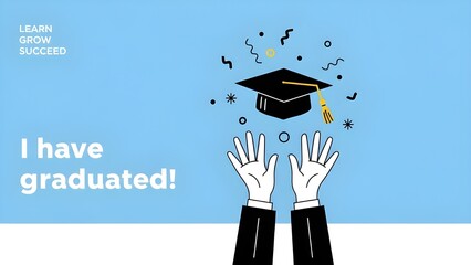 Academic Graduation Celebration with Tossing Cap and Joyful Confetti, Announcement Banner for Successful School or University Completion