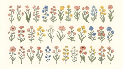 Delicate Hand Drawn Botanical Illustration Set of Various Wildflowers and Plants for Spring and Summer Nature Designs