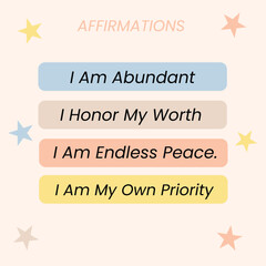 Colorful Positive Affirmations Template Quote Cards with Self-Worth and Abundance Messages for Daily Motivation and Mindset Shift.