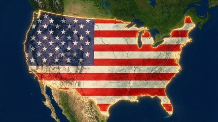 United States map with American flag overlay viewed from space, patriotic geographical representation showing continental USA with stars and stripes