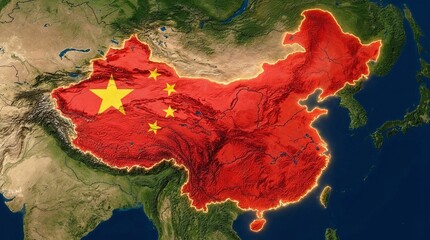 Red highlighted China map with flag overlay on satellite geographic view depicting Chinese territory national borders geopolitical presence and territorial sovereignty representation