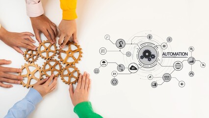Hands of different individuals come together to assemble wooden gears, symbolizing teamwork and automation in a modern business environment, promoting innovation. Raster