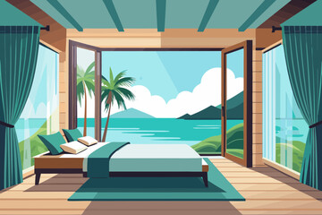 Minimalist Tropical Villa Bedroom with Ocean View and Palm Trees