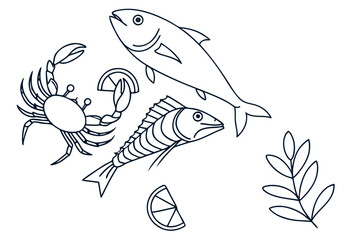 Minimalist vector illustration of assorted seafood and marine life with lemon slices and herb sprigs