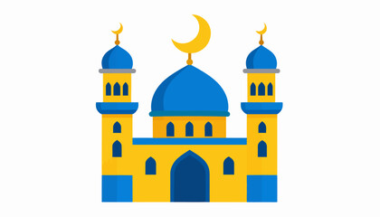 Fototapeta premium Flat design icon of a mosque featuring a prominent blue dome, two minarets, and a golden crescent moon, representing Islamic faith, prayer, and cultural heritage