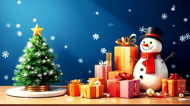 3D Christmas background with snowman and decorated tree