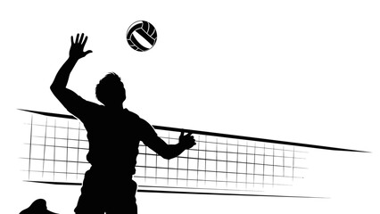 Vector illustration of a male tennis and volleyball player silhouette in action with a ball and net during a summer beach sports game