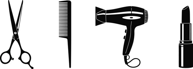 A collection of black hairstyling tools including scissors comb hair dryer and lipstick on transparent background high-quality professional detailed modern

