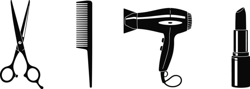 A collection of black hairstyling tools including scissors comb hair dryer and lipstick on transparent background high-quality professional detailed modern

