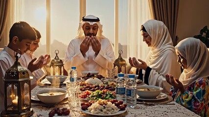 Family in traditional attire gathered around a table with food and lanterns, preparing for iftar during Ramadan, with a warm and intimate atmosphere in a cozy home setting.
